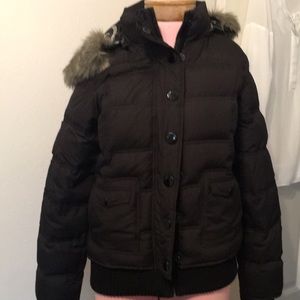 Pink down-like jacket.Removal fur trimmed hoodie